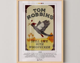 Still Life with Woodpecker Book Cover Poster | Tom Robbins, Still Life with Woodpecker Poster, Book Posters, Book Art, Book Lover Gift