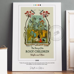 Die Geschichte der Wurzelkinder Buchcover Poster | Sibylle von Olfers, Buch Poster, Leinwand Wandkunst, Buchkunst, Geschenk für Buchliebhaber