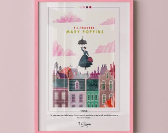 Mary Poppins Book Cover Poster | P. L. Travers, Mary Poppins Poster, Mary Poppins Print, Book Posters, Book Art, Book Lover Gift