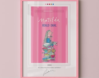 Póster de portada de Matilda / Roald Dahl, póster de Matilda, impresión de Matilda, pósteres de libros, impresiones de libros, arte mural en lienzo, arte literario, regalo para amantes de la lectura