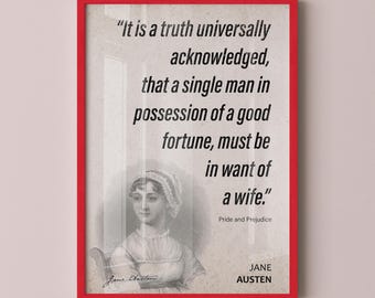 Póster con cita de Jane Austen / "Falta de esposa" de Orgullo y prejuicio, impresión con cita, arte con cita, citas literarias, regalo para amantes de la lectura