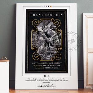 Poster di copertina del libro di Frankenstein / Mary Shelley, poster di Frankenstein, stampa di Frankenstein, poster di libri, arte della parete su tela, regalo per gli amanti dei libri