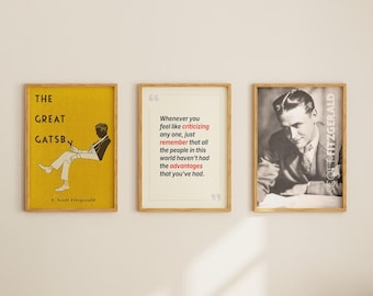 F. Scott Fitzgerald's The Great Gatsby boekomslag citaat portret poster set van 3, canvas kunst aan de muur, cadeaus boekenliefhebber, bibliotheekdecor