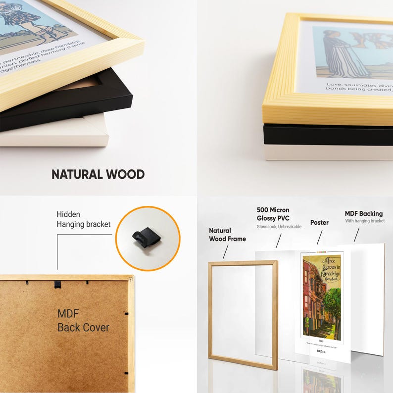 The image is a collage of various items related to natural wood, including a wooden frame, a poster, and a back cover.