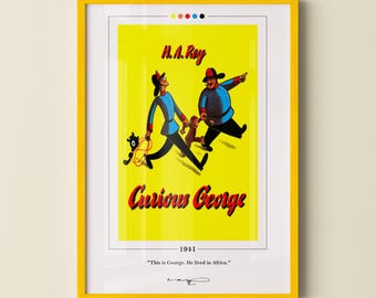 Curious George Book Cover Poster | H. A. Rey, Curious George Poster, Curious George Print, Book Posters, Canvas Wall Art, Book Lover Gift