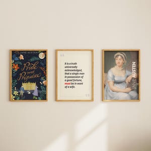 Jane Austen&#39;s Pride and Prejudice Book Cover Quote Portrait Poster Set of 3, Canvas Wall Art, Book Lover Gifts, Library Decor