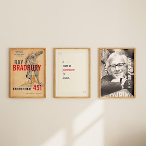 Ray Bradbury&#39;s Fahrenheit 451 boekomslag citaat portret poster set van 3, canvas muurkunst, cadeaus boekenliefhebber, bibliotheekdecor