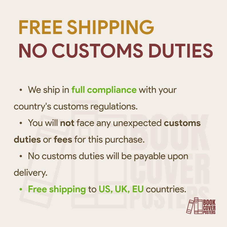 The image is a promotional poster for free shipping, stating that there are no customs duties, no unexpected customs duties or fees, and no customs duties will be paid upon delivery. It also mentions that free shipping to US, UK, EU countries is available.