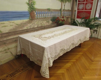 Ivory colored linen tablecloth, new from the 70s with rich Burano lace inserts