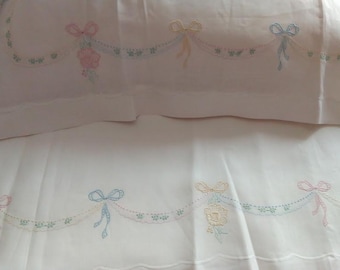 Hand embroidered linen double bed sheet with bows