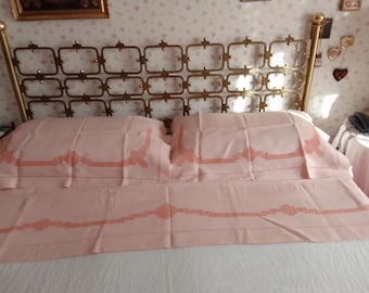 Double bed linen sheet with pillowcases, embroidered with needlepoint
