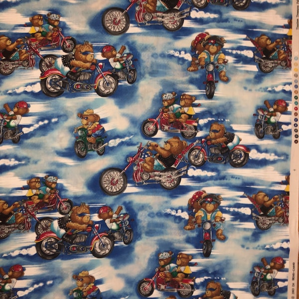 Vintage 2003 Timeless Treasures Fabrics, Blue, Motorcycling Bears, 100% cotton