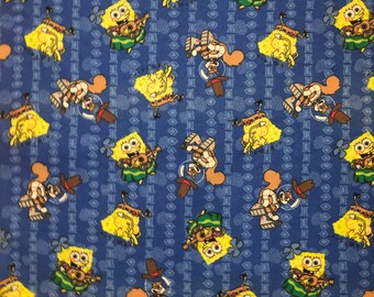 Vintage 2002 Viacom International, Blue, SpongeBob and Sandy Cheeks 100% cotton flannel