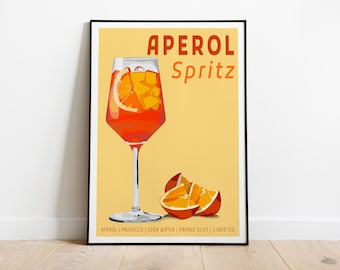 May include: A framed poster featuring a graphic illustration of an Aperol Spritz in a stemmed glass with an orange slice and ice cubes. The background is yellow with the text Aperol Spritz and a list of ingredients: Aperol, Prosecco, soda water, orange slice, cubed ice.