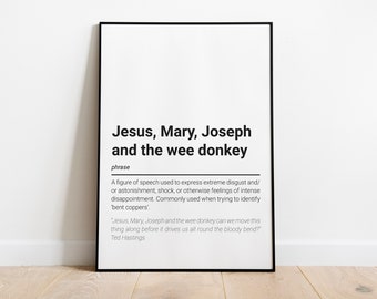 Jesús, María, José y el burrito Definición Impresión / Decoración de arte de pared / Impresión de regalo / Impresiones novedosas / Impresiones de humor divertido / Jerga