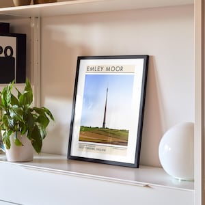 May include: A black framed print with the text "Emley Moor" and a picture of a tall tower in a field. The print is on a white shelf with a white lamp and a potted plant.
