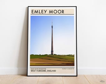 Lámina artística de mástil de Emley Moor / Regalo de Yorkshire / Lámina de paisaje de Huddersfield / Arte emblemático de Yorkshire / Lámina de West Yorkshire / Póster de ferrocarril
