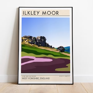 May include: A minimalist poster with a graphic illustration of Cow and Calf Rocks in Ilkley Moor, West Yorkshire, England. The poster has a beige background with black text and a black frame.