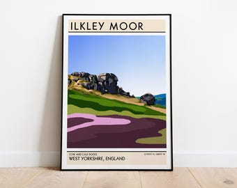 Lámina artística de Ilkley Moor / Regalo de Yorkshire / Póster de viaje / Rocas de vaca y ternero / Impresión de Yorkshire Dales / Póster ferroviario / A5 A4 A3