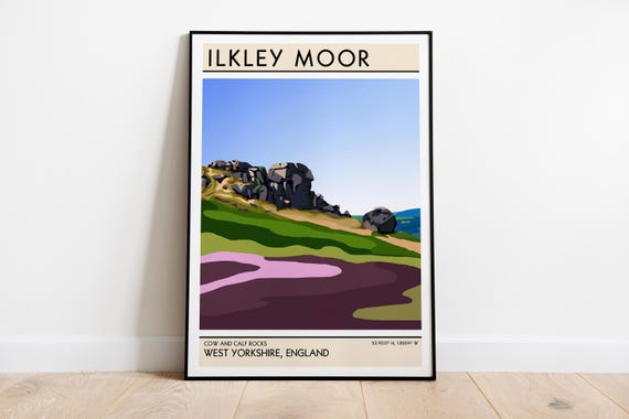 Ilkley Moor Art Print / Yorkshire Gift / Travel Poster / Cow and Calf Rocks / Yorkshire Dales Print / Railway Poster / A5 A4 A3
