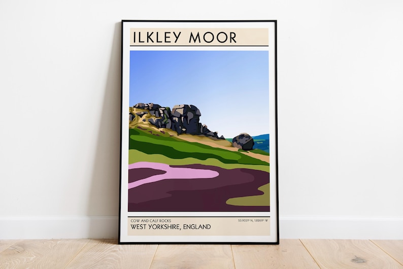 May include: A minimalist poster with a graphic illustration of Cow and Calf Rocks in Ilkley Moor, West Yorkshire, England. The poster has a beige background with black text and a black frame.