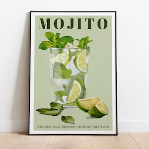 May include: A green and white poster with the word "MOJITO" in bold green letters. A glass of mojito with lime wedges and mint leaves is pictured. The text "WHITE RUM | SUGAR | FRESH MINT | FRESH LIME | SODA WATER" is at the bottom of the poster.