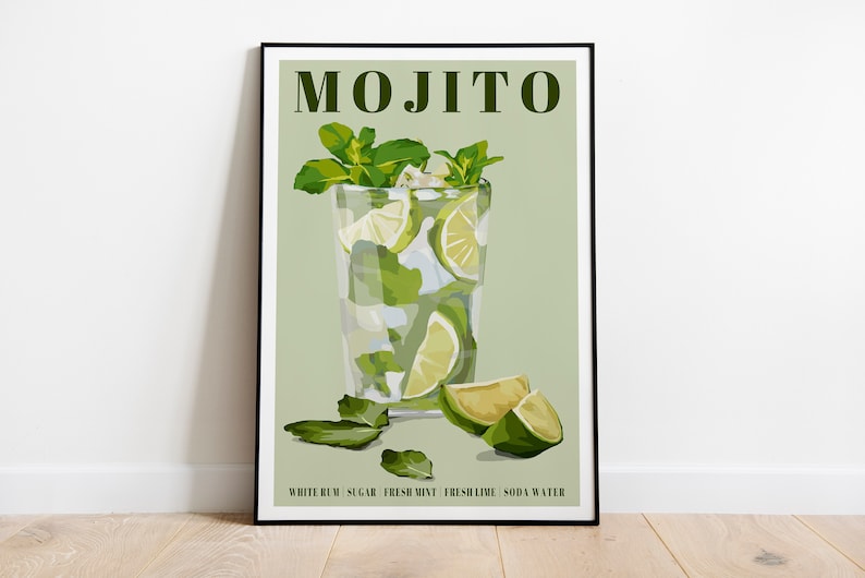 May include: A green and white poster with the word "MOJITO" in bold green letters. A glass of mojito with lime wedges and mint leaves is pictured. The text "WHITE RUM | SUGAR | FRESH MINT | FRESH LIME | SODA WATER" is at the bottom of the poster.