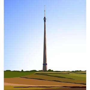 May include: A tall, slender, brown tower with a white top against a blue sky. The tower is surrounded by green fields. The text "EMLEY MOOR TRANSMITTER WEST YORKSHIRE, ENGLAND 53.611944&deg; N, 2.664444&deg; W" is at the bottom of the image.