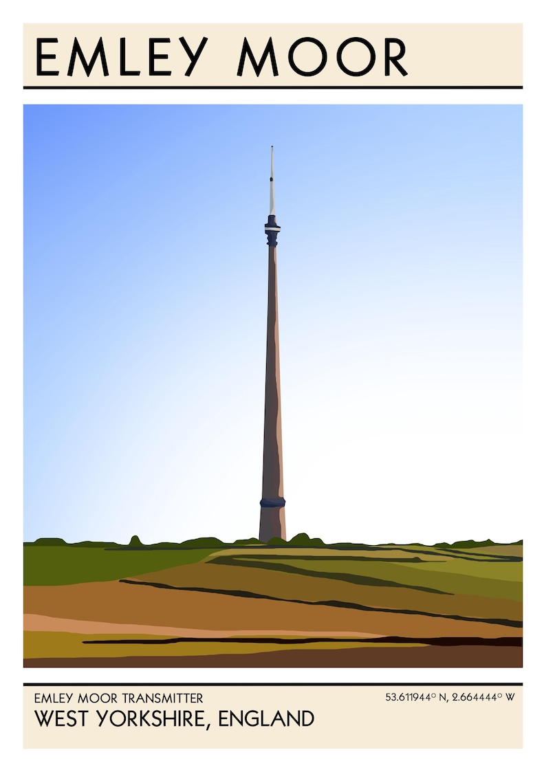 May include: A tall, slender, brown tower with a white top against a blue sky. The tower is surrounded by green fields. The text "EMLEY MOOR TRANSMITTER WEST YORKSHIRE, ENGLAND 53.611944&deg; N, 2.664444&deg; W" is at the bottom of the image.