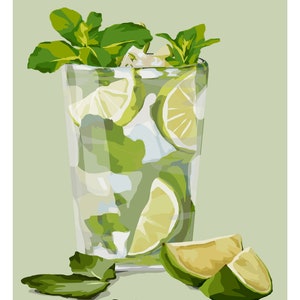 May include: A refreshing green mojito cocktail in a tall glass with lime wedges, mint leaves, and ice. The text "MOJITO" is at the top of the image. The ingredients are listed at the bottom: "WHITE RUM | SUGAR | FRESH MINT | FRESH LIME | SODA WATER".