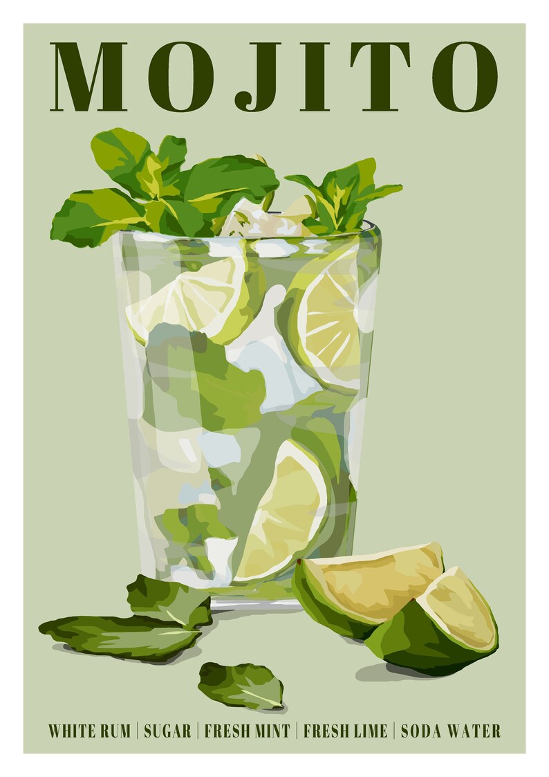 May include: A refreshing green mojito cocktail in a tall glass with lime wedges, mint leaves, and ice. The text "MOJITO" is at the top of the image. The ingredients are listed at the bottom: "WHITE RUM | SUGAR | FRESH MINT | FRESH LIME | SODA WATER".