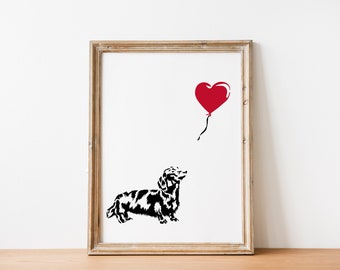 Long Haired Sausage Dog Print / Dachshund Print / Wall Art / Sausage Dog Wall Art / Dog Print / Banksy Inspired / Wall Print / A5 A4 A3