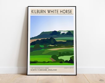Impresión artística del Caballo Blanco de Kilburn / Regalo de Yorkshire del Norte / Póster de viaje / Póster del Parque Nacional North York Moors / Póster ferroviario / Tamaño A5, A4 y A3