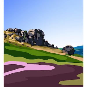 May include: A digital illustration of Cow and Calf Rocks, a geological formation in Ilkley Moor, West Yorkshire, England. The illustration depicts the rocks in a landscape setting with green hills and a blue sky.