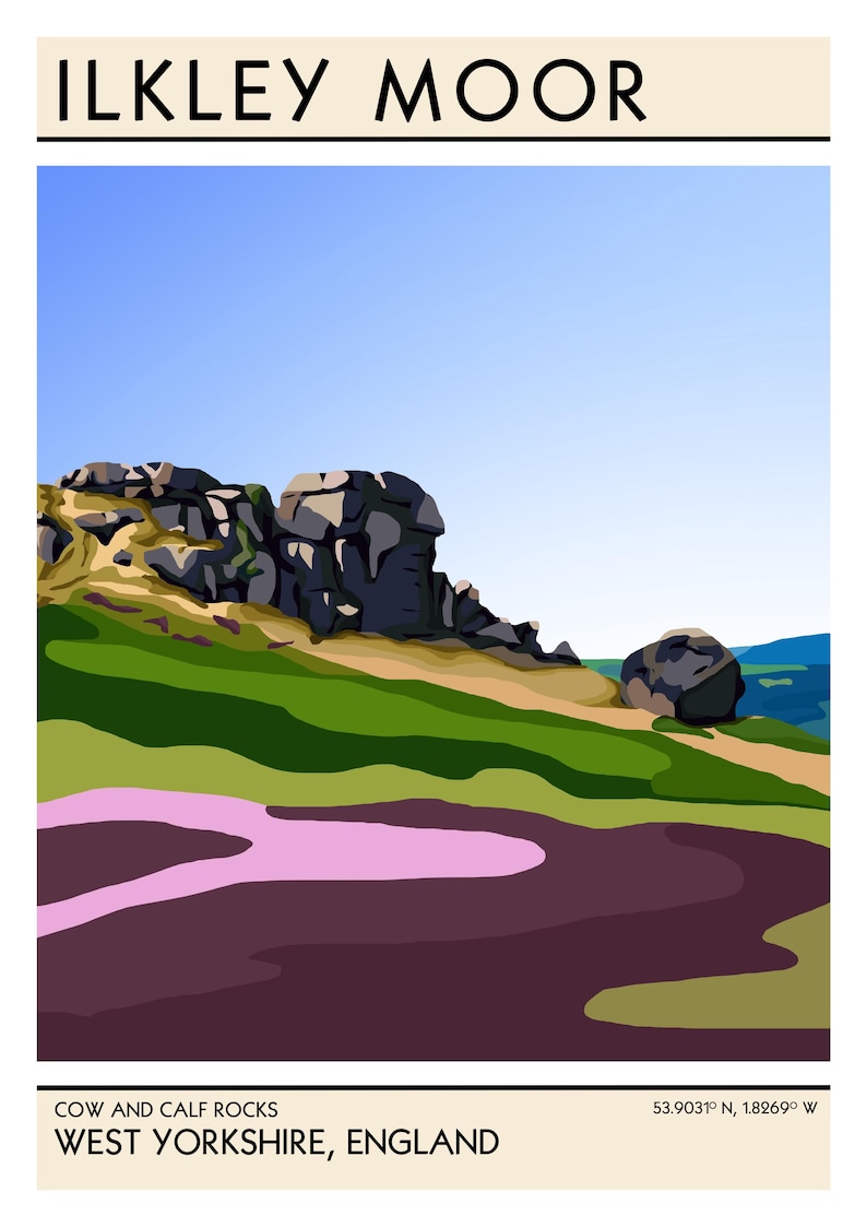 May include: A digital illustration of Cow and Calf Rocks, a geological formation in Ilkley Moor, West Yorkshire, England. The illustration depicts the rocks in a landscape setting with green hills and a blue sky.