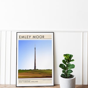 May include: A black and white illustration of the Emley Moor Transmitter, a tall tower with a radio antenna, against a blue sky. The text "Emley Moor" is at the top of the image, and the text "Emley Moor Transmitter, West Yorkshire, England" is at the bottom of the image.