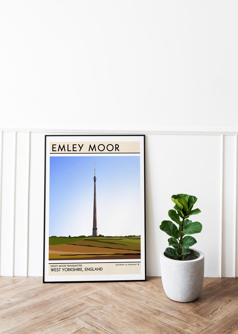 May include: A black and white illustration of the Emley Moor Transmitter, a tall tower with a radio antenna, against a blue sky. The text "Emley Moor" is at the top of the image, and the text "Emley Moor Transmitter, West Yorkshire, England" is at the bottom of the image.