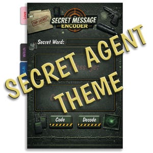 Puede incluir: Gr&aacute;fico con tem&aacute;tica de agente secreto. El dise&ntilde;o incluye las palabras "SECRET AGENT THEME" en dorado, junto con un logotipo de "SECRET MESSAGE ENCODER". Otros elementos incluyen una pistola, una linterna y una pantalla de radar.