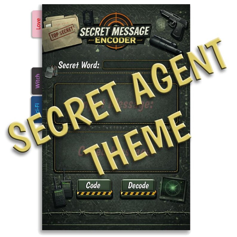 Puede incluir: Gr&aacute;fico con tem&aacute;tica de agente secreto. El dise&ntilde;o incluye las palabras "SECRET AGENT THEME" en dorado, junto con un logotipo de "SECRET MESSAGE ENCODER". Otros elementos incluyen una pistola, una linterna y una pantalla de radar.