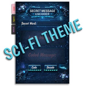 Puede incluir: Un codificador de mensajes secretos de tem&aacute;tica de ciencia ficci&oacute;n de color azul oscuro con el texto "SECRET MESSAGE ENCODER". El dise&ntilde;o incluye elementos futuristas, pesta&ntilde;as etiquetadas como "Love", "Agent" y "Witch", y las palabras "Code" y "Decode".