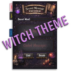 Puede incluir: Un codificador de mensajes secretos de tem&aacute;tica bruja de color p&uacute;rpura oscuro con el texto "Secret Message ENCODER". Incluye secciones para una palabra secreta y un mensaje codificado, con botones "Code" y "Decode".