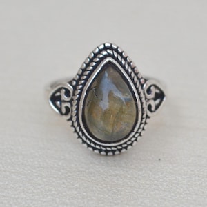 Labradorite Pear Ring: Black Moonstone, Silver-Plated Brass