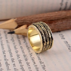 Vintage Boho Gold Statement Ring, Handmade Ethnic Brass Adjustable Ring, Unique Artisan Jewelry