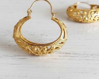Filigree Hoop Earrings, Intricate Gold Statement Hoops, Handmade Vintage, Inspired Jewelry