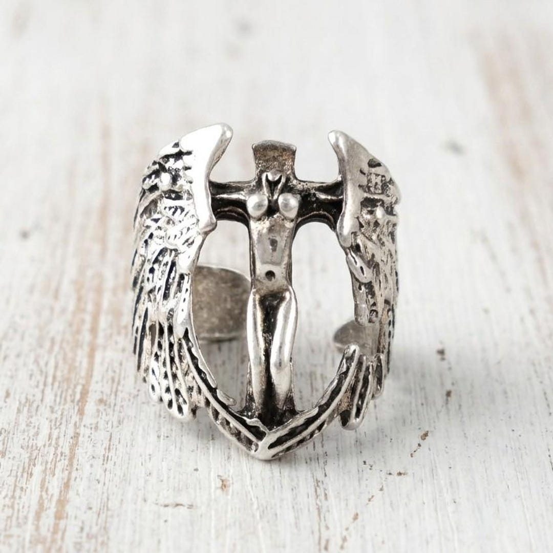 Handcrafted Antique Silver Angel Wings Ring – Gothic Goddess Cross ...