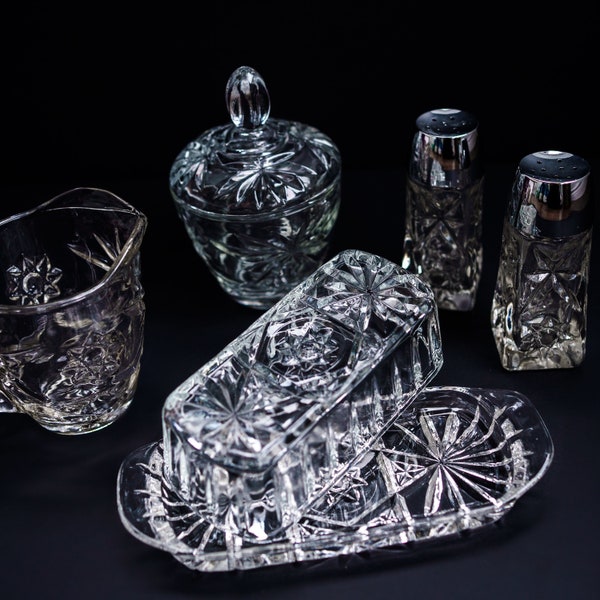 Ensemble de service 7 pièces, Étoile de David par Anchor Hocking en verre clair pressé années 1960s