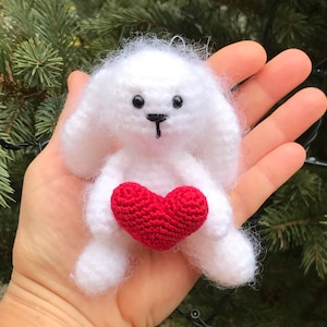Bunny Crochet Toy, Baby Bunny with heart Gift for Her, Amigurumi Crochet Rabbit, White Little Bunny with Red Heart Crochet Gift