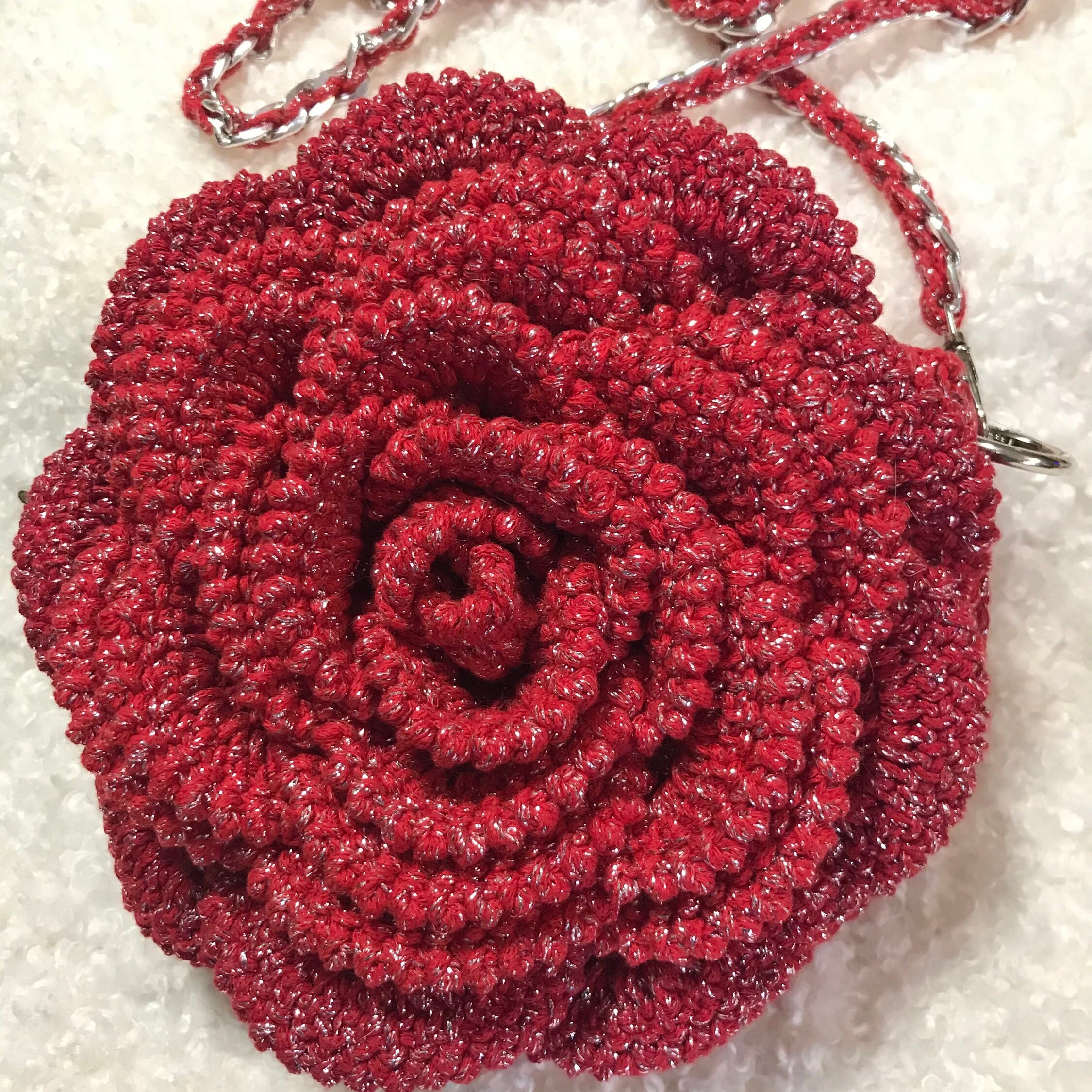 TYPESERVICE ♥ Glittered Rose Handmade Knitted Bag Flower Crochet Bag Luxury Style Sparkly Evening Shoulder Bag
