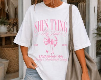 Custom Bachelorette Shirt, She's Tying the Knot Hen Party Tee, Personalized Bow Wedding Shirt for Bride Squad