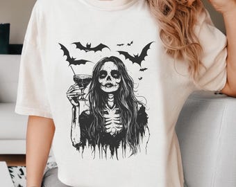 ヴィンテージハロウィン魔女シャツ、スケルトンコンフォートカラーズTシャツ、スプーキーシーズンプリント